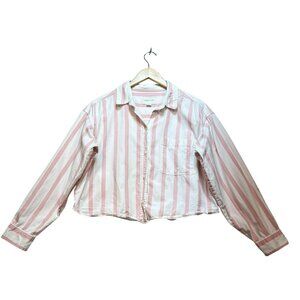 American Eagle Womens Striped Button-Up Shirt Large Pink White Long Sleeve Crop